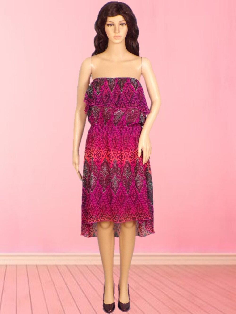 MAURICES size L Jrs. magenta/turquoise/black/orange OTS hi-lo fit/flare dress